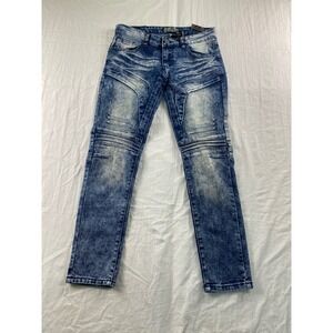 Demolition‎ Boys Moto Jeans Size 10 Medium Blue Acid Wash Stretch DFH18332B NWT